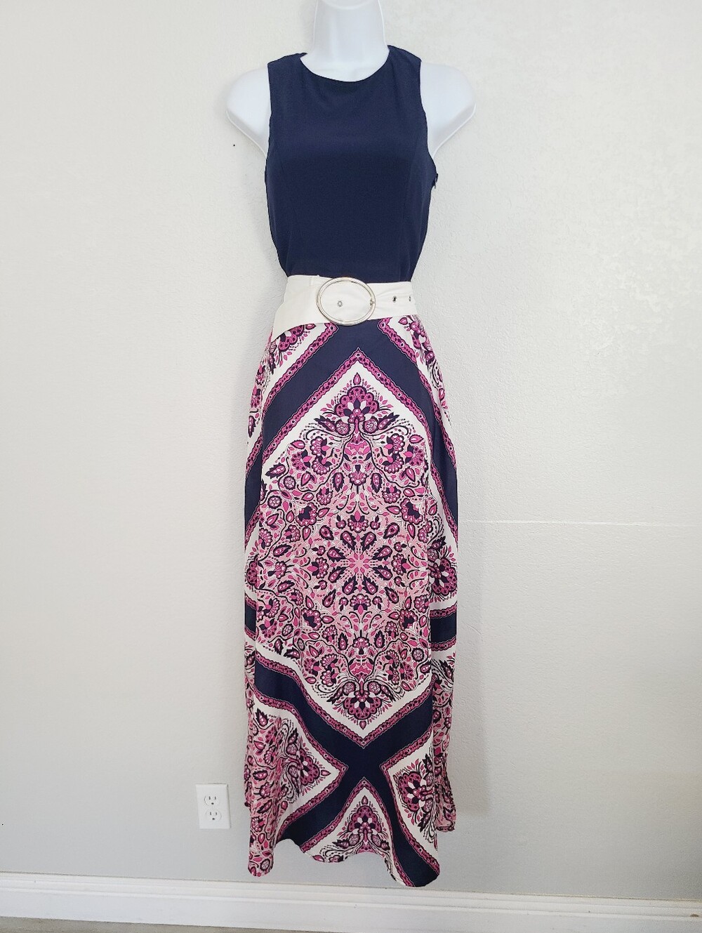 Jessica Howard Chic Navy & Pink Boho Printed Maxi Dress with Belt Sleeveless